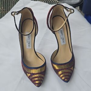 Jimmy Choo Gold and Red Heels with Ankle Straps
